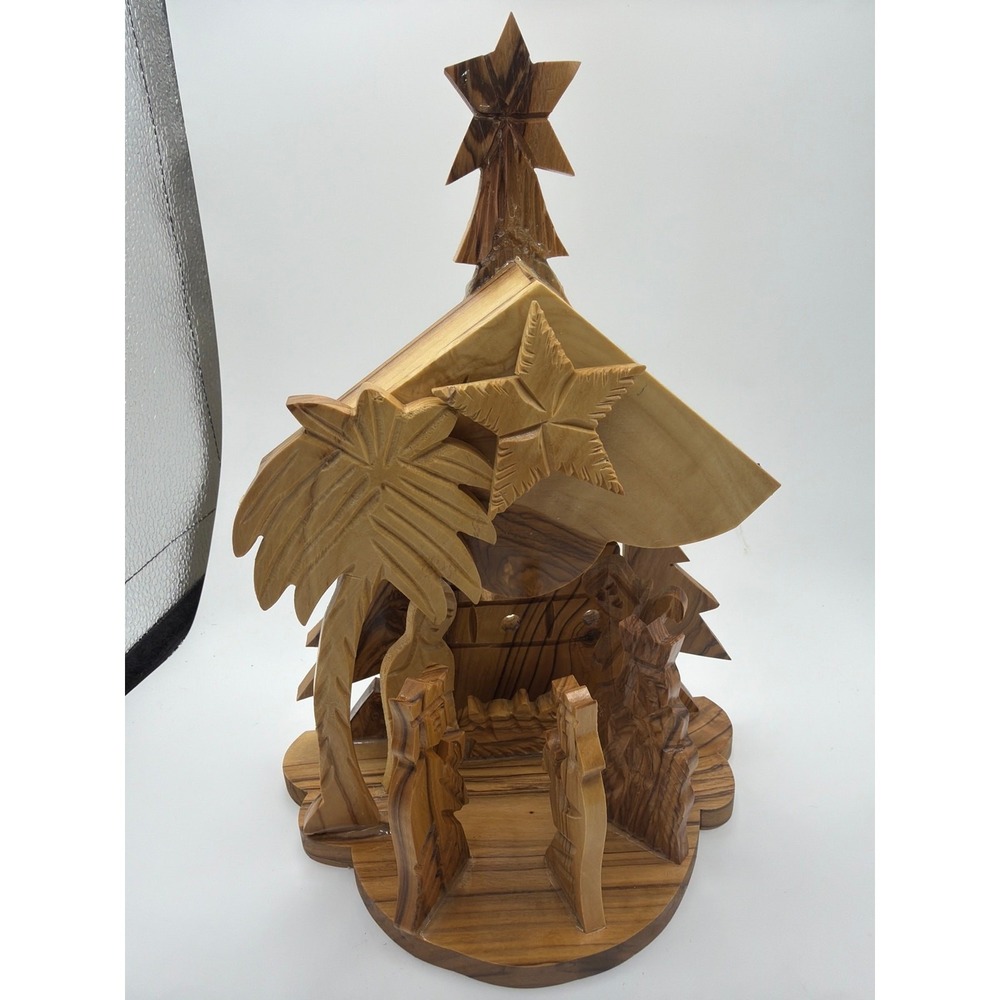 Grotto Olive wood Nativity carved , Holy land , Christmas 10" Music box (broken)